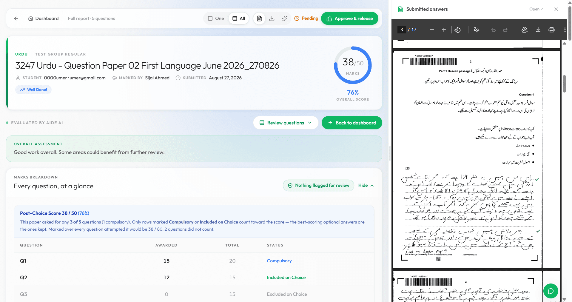 A handwritten student script marked in AIDE AI, showing per-question marks against the mark scheme alongside teacher-editable feedback