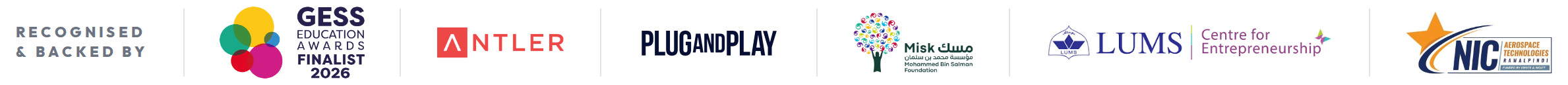 Recognised and backed by GESS Education Awards Finalist 2026, Antler, Plug and Play, Misk Foundation, LUMS Centre for Entrepreneurship, and National Incubation Center Rawalpindi